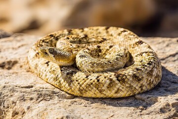 Obraz premium Venomous Pit Viper Coiled Tightly on Sun-Baked Desert Rock Surface