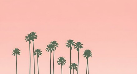Obraz premium Green palm trees silhouette against solid light pink sky. Minimalist tropical design and pastel aesthetics. Row of palms standing in warm summer weather.