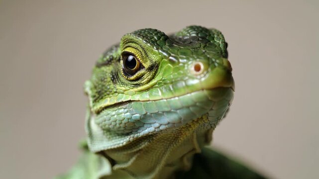 Close-up portrait of a green lizard looking around in the wild
