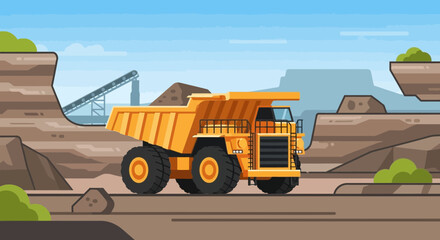 Large yellow mining dump truck in an open pit mine, industrial machinery, transportation. © Zahra