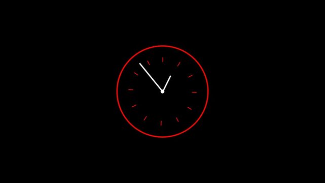 Clock icon animation with moving arrows in 12 hour loop on transparent background, stopwatch animation iconwith alpha channel, clock motion graphic 4k animation.