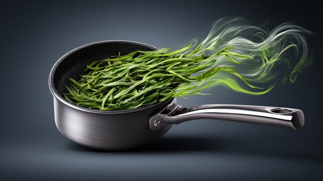 Fresh herbs emerge from a steaming pot, creating a vibrant aroma.