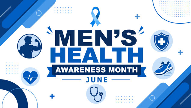 Men's Health Awareness Month banner with medical icons including stethoscope, heart, and muscle silhouette. June healthcare celebration template with blue ribbon.