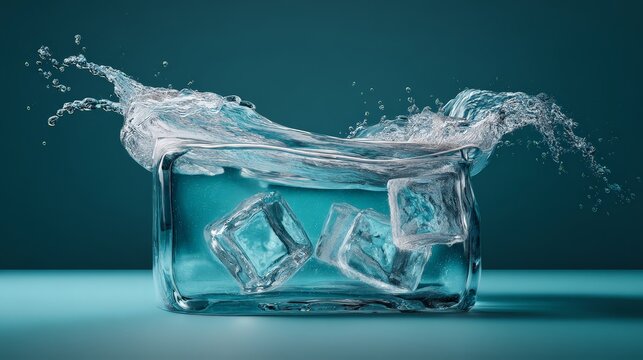 Fresh ice cubes splash into a glass filled with clear water.