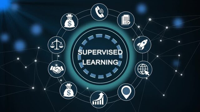 Ai supervised learning neural network animation, machine learning concept, futuristic data science visualization