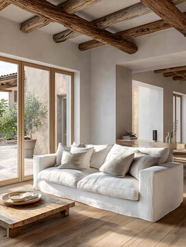 Rustic interior design with white sofa and wooden ceiling beams