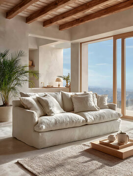 Minimalist Japandi living room featuring linen sofa and mountain view