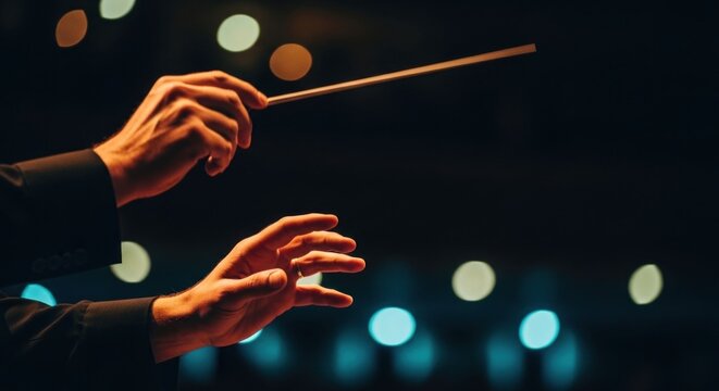 Orchestra Conductor Leading Music Performance with Baton and Hands.