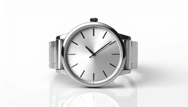 Minimalist wrist watch with a silver face. isolated on white background, studio lighting, high resolution, sharp focus, professional commercial photography.