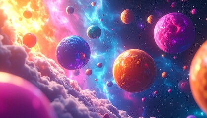 Naklejka premium Planets In Vibrant Cosmic Nebula Digital Illustration Glowing Stars And Swirling Pink Blue Space Clouds Within A Fantasy Galaxy Setting