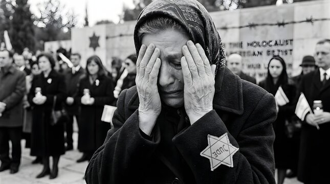 Jewish woman with hands covering her grieving face at a ceremony for Holocaust Remembrance Day concept, showing profound sorrow and historical loss in cinematic black and white