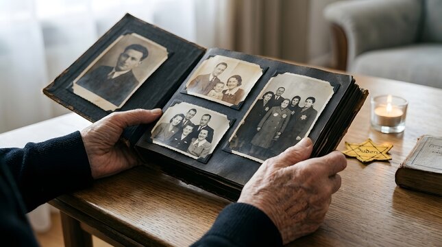 Elderly hands holding a photo album with vintage Jewish family pictures for Holocaust Remembrance Day concept, memorializing history and victims of the Shoah