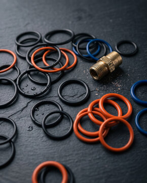 Top-down artistic arrangement of multi-material O-rings on dark slate. Vibrant Viton orange and fluorocarbon blue contrast with matte black rubber and clear oil micro-droplets.
