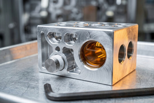 Close-up of a milled aluminum manifold. Circular machining swirls and sharp deburred edges house deep amber oil pools, reflecting a clinical, high-tech engineering environment.
