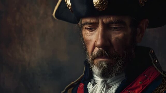 Cinematic Portrait of a Weathered 18th Century Naval Captain in Full Uniform Against a Dark Moody Background