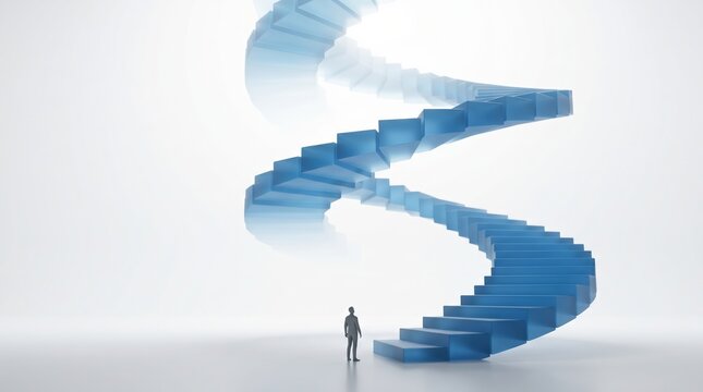 Business growth and ambition concept, person standing at spiral staircase. Success journey and personal development path, 3D render.