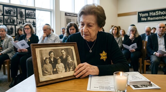 Elderly Jewish survivor holding a framed lost family photograph during a solemn ceremony for a Holocaust Remembrance Day memorial concept