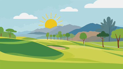 Fototapeta premium Sunny Golf Course Landscape with Distant Mountains and Trees