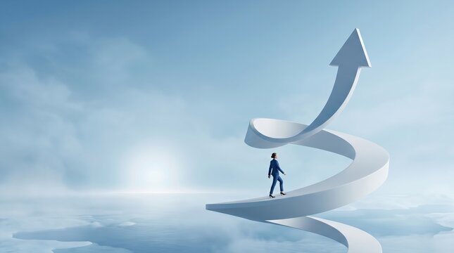 Business success and career growth concept, businesswoman walking up white spiral arrow path. Professional development, leadership and achieving goals in corporate strategy.
