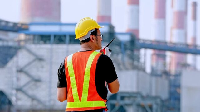 Industry worker directing operations at power plant outdoor environment action shots focused perspective