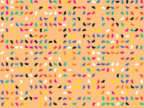 Playful abstract pattern of colorful crescent shapes on a warm peach background