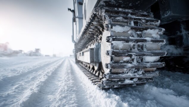 Heavy Duty Snow Cat Vehicle Tracks on Snowy Terrain.