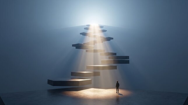 Success and career growth concept, person standing before floating stairs leading to bright light. Achievement, mental health journey and spiritual enlightenment 3D render.