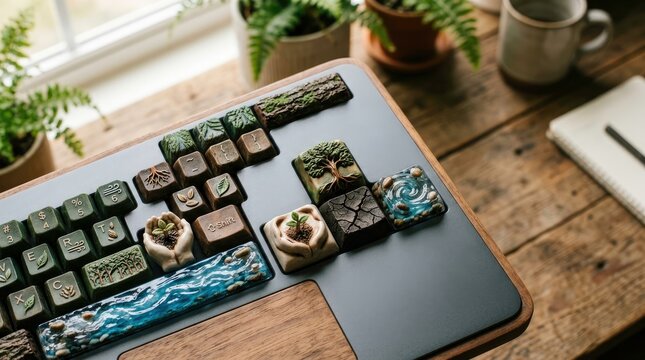 Unique custom keyboard with nature inspired sculpted keycaps on desk