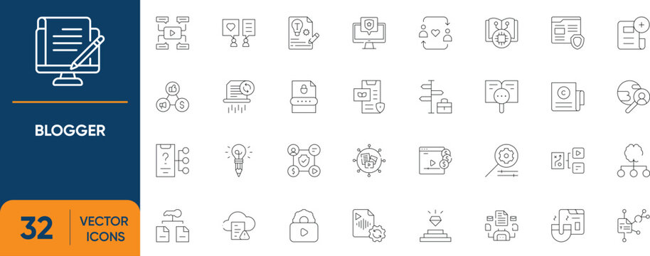 Blogger Icon Set. Containing Content Creator, Blog, Internet, Web, WWW, Computer, Digital Publishing, Influencer and more. Editable vector Line icons collection.