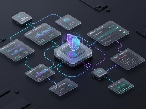Cybersecurity network monitoring dashboard concept, 3D glassmorphism UI interface. Data protection and threat intelligence for cloud security.