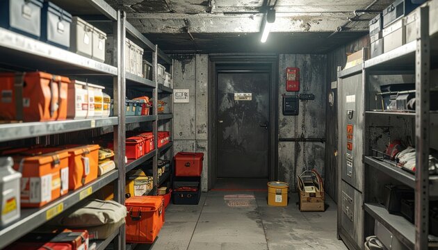 Rows of organized emergency rations and survival kits stacked high in a secure concrete storage bunker during a time of intense preparation for potential future disasters.