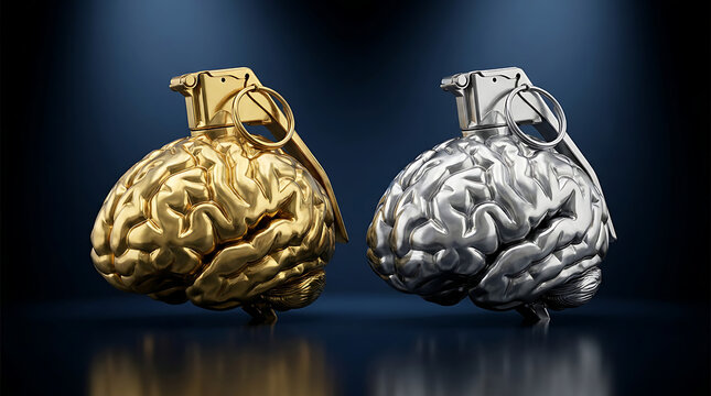 Golden and silver brain shaped hand grenades concept of mental stress and explosive ideas