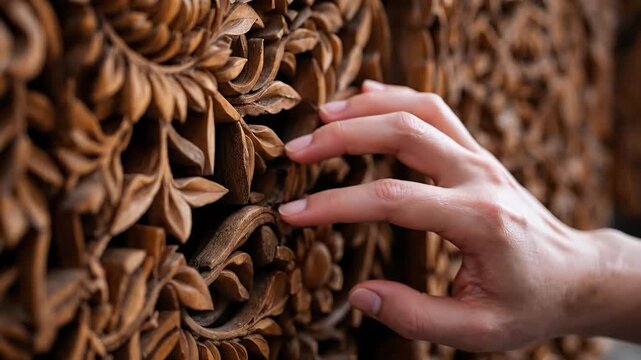 Hand touching intricate wood carving with floral patterns. Detailed texture.