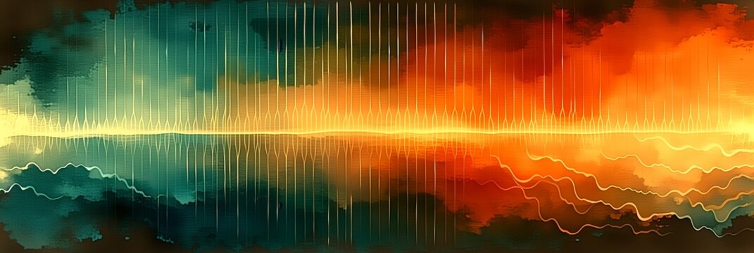 Watercolor style abstract sound wave background, teal to orange gradient audio waveform, fluid visual music art for podcast studios, tech presentations, modern design