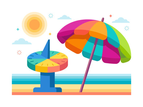 A vibrant beach scene showing a sundial and colorful umbrella under the sun, capturing the essence of leisure and relaxation in a sunny outdoor atmosphere.