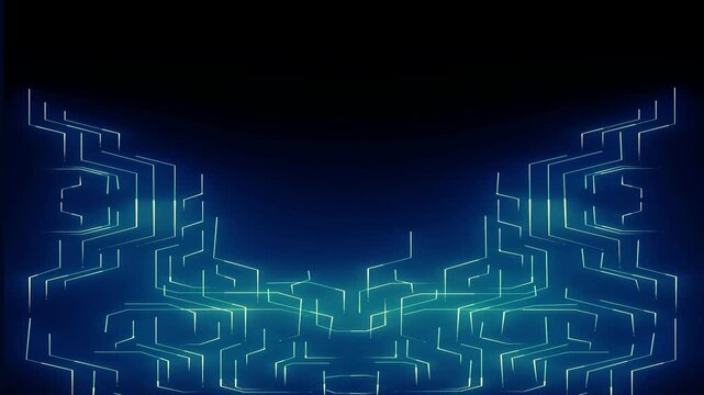 Futuristic cyber security background featuring glowing blue and green neon circuit lines. Symmetrical digital data flow concept for technology, AI, and networking projects.