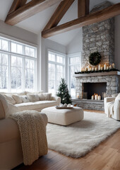 Obraz premium Cozy living room with large windows, stone fireplace, wooden beams, white sofa, fluffy rug, candles, and winter decor create warm inviting