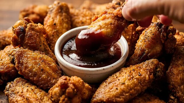 Deliciously crispy fried chicken wings being dipped into a rich, savory barbecue sauce, a perfect appetizer or snack
