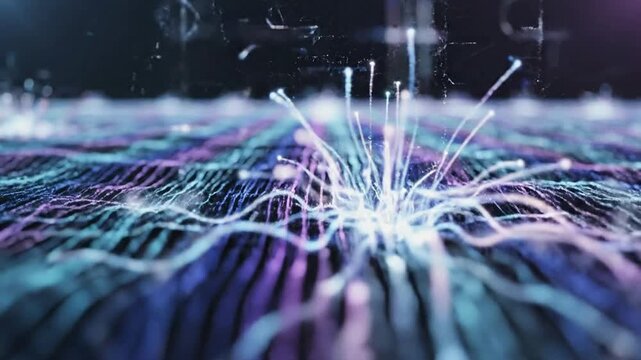 Glowing lines radiate outward on a futuristic digital grid network surface