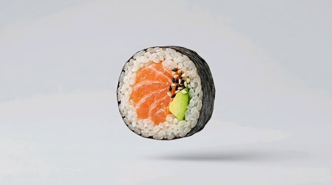Floating Salmon Sushi Roll Isolated on Minimal White Background