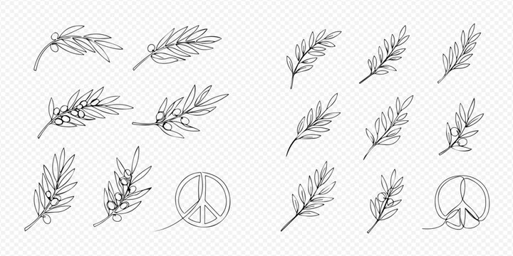 Olive branches and peace sign vector set, hand-drawn design elements for peace and nature concepts.