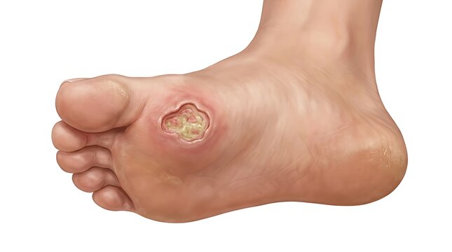 Clinical Close Up of Diabetic Foot Ulcer Showing Skin Tissue Damage Medical Healthcare Illustration