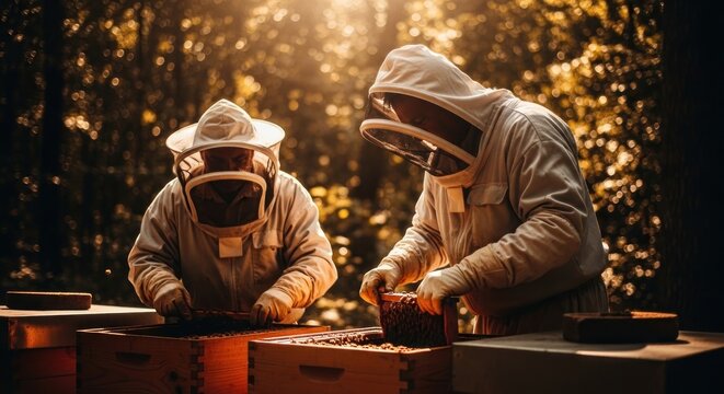 Beekeepers in protective suits inspect bee boxes in a forest