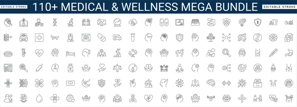 Medical, mental health, and wellness line icon set featuring healthcare, science, doctor, therapy, fitness, hospital, brain. Professional editable vector illustration for medical app and UI UX design.