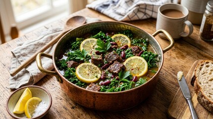 Delicious Lemon Stew with Meat, Kale, and Beans Served on a Wooden Table