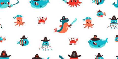 Obraz premium Little Ocean Pirates Collection with Cute Fish and Crab Characters for Nautical Themed Baby Shower Decorations and Nursery Wall Art Prints