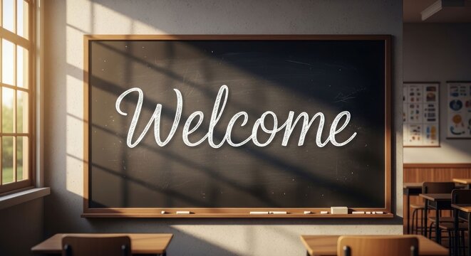 Welcome Message on Blackboard in Sunlit Classroom.