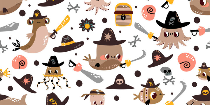 Treasure Map Theme Seamless Pattern with Chest Skulls and Sea Pirates for Mystery Quest Party Decor Games and Educational Childrens Activities