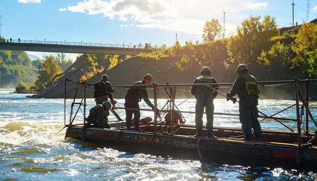 Military engineers inspecting and reinforcing a steel pontoon bridge structure over a fast flowing river during a field training operation in the bright afternoon sunlight.