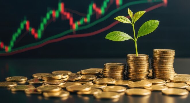 Small green plant growing from a stack of gold coins with financial graph chart